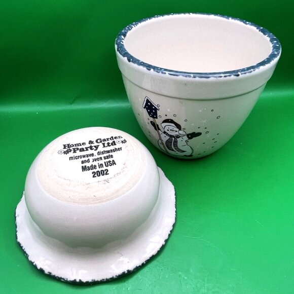 Home & Garden Party Snowman Snack Bowl Dip Set 2002 USA Blue Trim Christmas VTG - Picture 4 of 11
